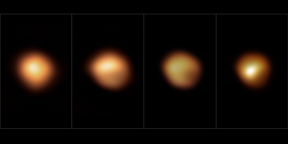 Deze foto’s, gemaakt met het SPHERE-instrument van ESO’s Very Large Telescope, tonen het oppervlak van de rode superreuzenster Betelgeuze tijdens zijn ongekende helderheidsdip, die zich eind 2019 en begin 2020 afspeelde.