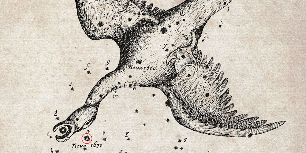 Deze kaart van de positie van de nova (rood omcirkeld) die in het jaar 1670 verscheen, is getekend door de beroemde astronoom Hevelius, en gepubliceerd in het tijdschrift Philosophical Transactionsvan de Britse Royal Society
