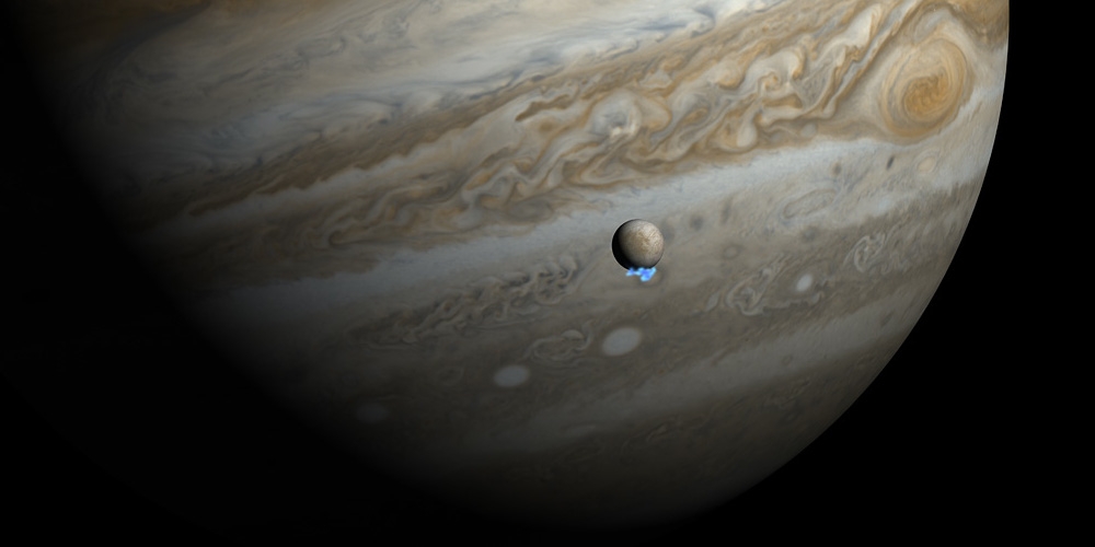 Artistieke impressie van de uitstoot van waterdamp bij de Jupitermaan Europa