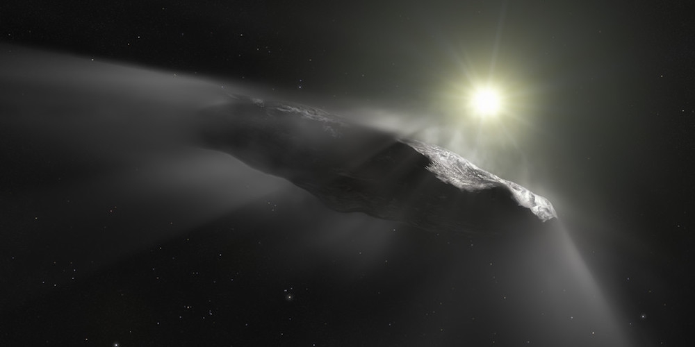 Deze artist’s impression toont het eerste interstellaire object dat in ons zonnestelsel is ontdekt, `Oumuamua. 