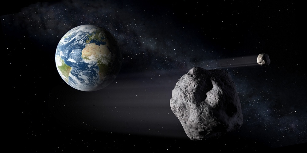 Artistieke impressie van een planetoïde die langs de Aarde scheert