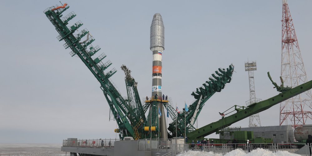 De Russische Sojoez raket met aan boord 34 OneWeb satellieten. 