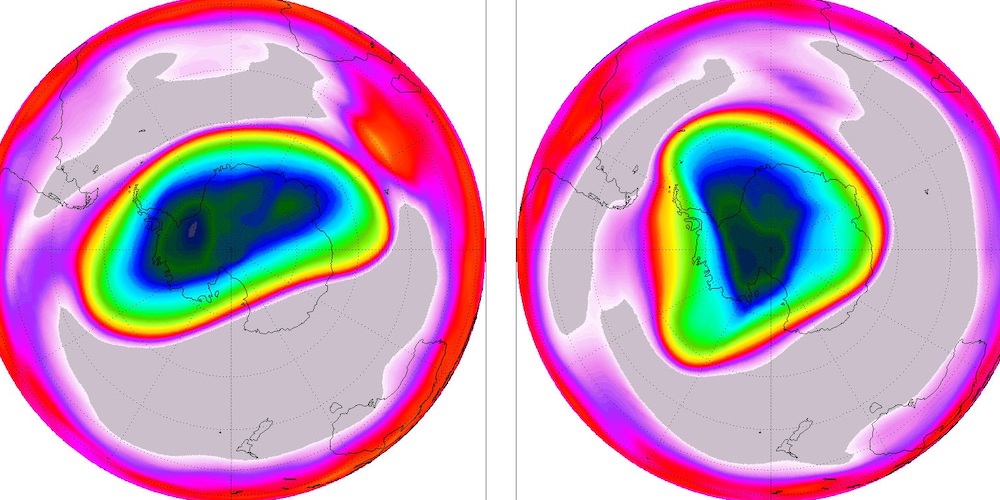 Links: Reanalyse van de evolutie van de ozonlaag op basis van satellietwaarnemingen, op 2 oktober 2006, het jaar waarin de laagste hoeveelheid ozon boven Antarctica sinds 2003 werd aangetroffen. (Data – BIRA-BRAM2) Rechts: Voorspelling van BIRA's BASCOE-model voor de hoeveelheid ozon in de atmosfeer op 2 oktober 2020.