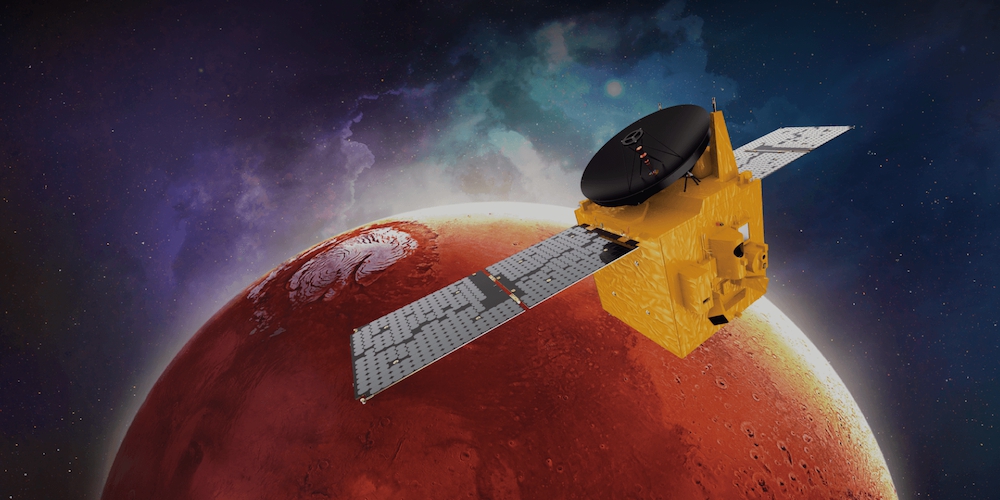 Artistieke impressie van de Arabische Hope ruimtesonde in een baan om Mars.