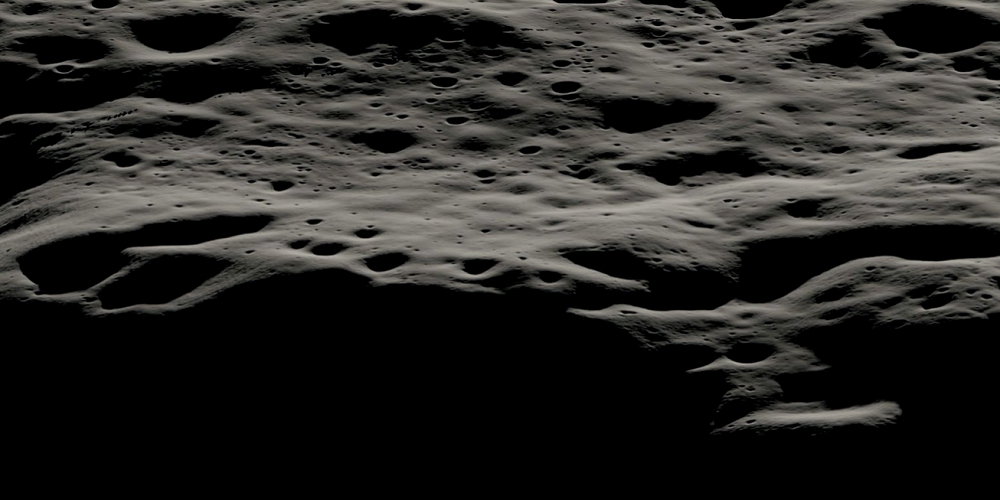 Een visualisatie van het bergachtige gebied ten westen van de Nobile krater en de kleinere kraters aan de rand van de zuidpool van de maan.