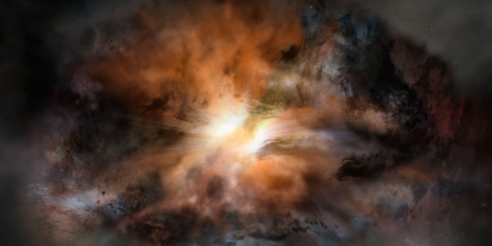 Artist’s impression van W2246-0526, een sterrenstelsel dat evenveel infraroodlicht produceert als 350 biljoen zonnen