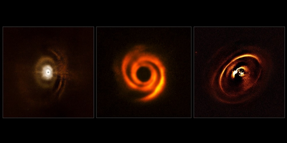 Deze drie planeetvormende schijven zijn waargenomen met het SPHERE-instrument van ESO’s Very Large Telescope. De waarnemingen zijn gedaan om meer inzicht te krijgen in de raadselachtige evolutie van jonge planetenstelsels