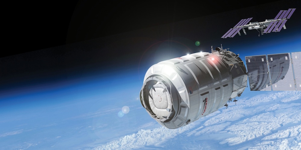 Artistieke impressie van het Cygnus ruimtetuig nabij het ISS