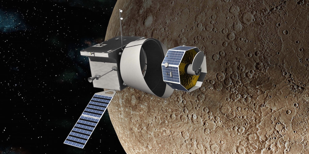 Artistieke impressie van de BepiColombo ruimtetuigen in een baan om Mercurius