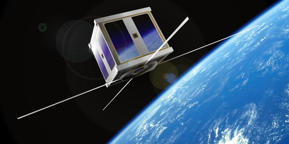 Artistieke impressie van een CubeSat in een baan om de Aarde