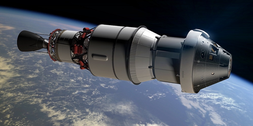 Artistieke impressie van de eerste Orion ruimtecapsule in een baan om de Aarde
