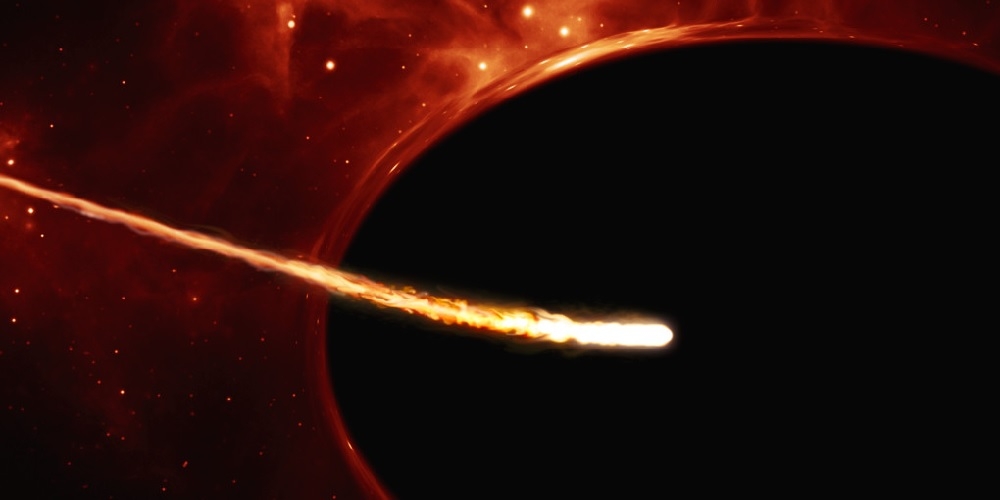 Deze artist’s impression toont een zonachtige ster in de buurt van een snel ronddraaiend superzwaar zwart gat dat ongeveer 100 miljoen keer zoveel massa heeft als de zon