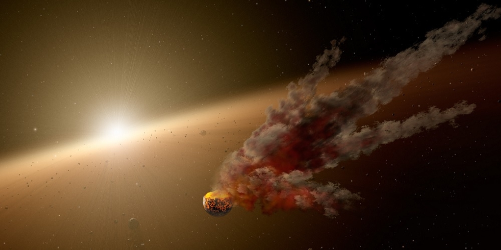 Artistieke impressie van een botsing tussen twee planetoïden rondom een andere ster