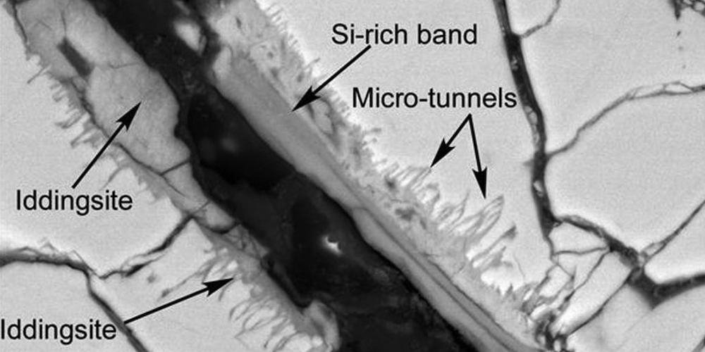 Dit beeld, gemaakt met een scanning-elektronenmicroscoop (SEM), toont tunnels en gebogen microtunnels in een Marsmeteoriet