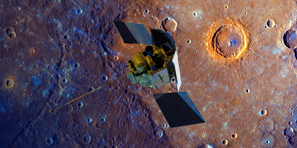 Artistieke impressie van de MESSENGER ruimtesonde in een baan om Mercurius