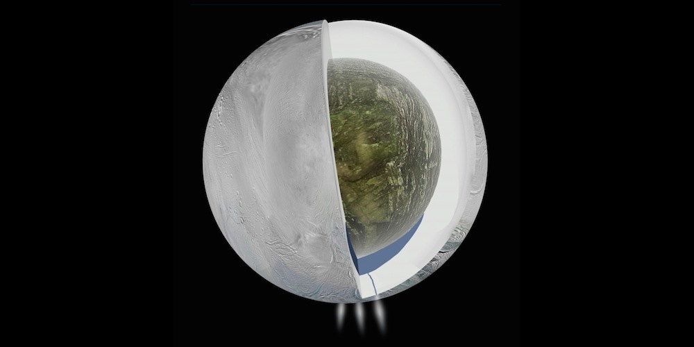 Artistieke impressie van het binnenste van de Saturnusmaan Enceladus