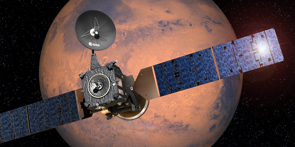 De ExoMars Trace Gas Orbiter in een baan om de planeet Mars