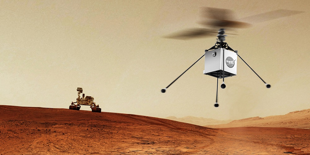 Artistieke impressie van de Mars helikopter en de nieuwe Marsrover.