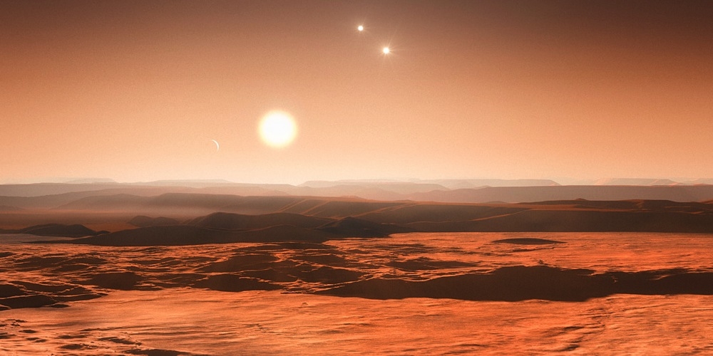 Deze artist’s impression toont het uitzicht vanaf de exoplaneet Gliese 667Cd
