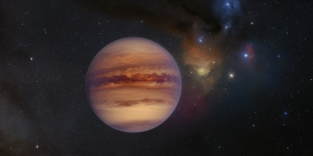 Deze artist’s impression toont een voorbeeld van een solitaire planeet in het Rho Ophiuchi-gebied, waar mede met hulp van ESO-telescopen minstens zeventig van deze objecten zijn opgespoord.