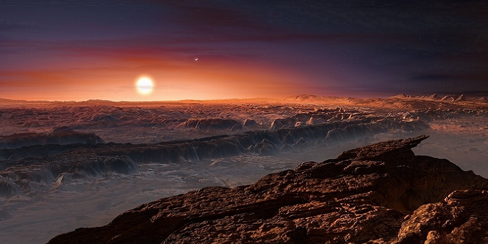 Deze artistieke weergave toont een blik op het oppervlak van de planeet Proxima b die rond de rode dwergster Proxima Centauri draait. 