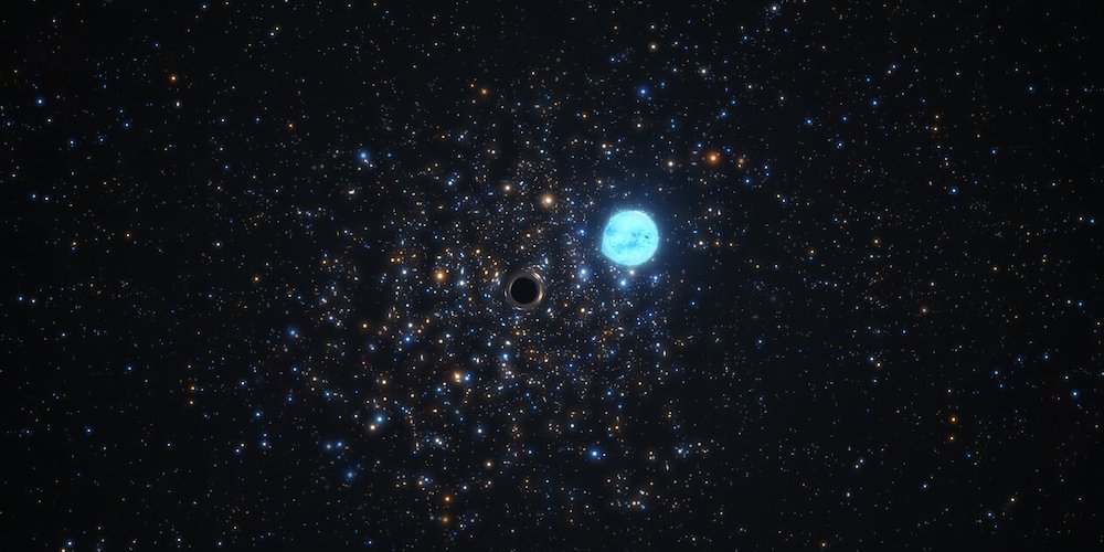 Deze artist’s impression toont een compact zwart gat van elf zonsmassa’s, waar een ster van vijf zonsmassa’s omheen draait. 