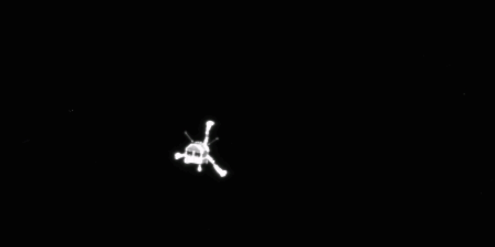 De Europese komeetlander Philae kort nadat deze werd losgemaakt van de ruimtesonde Rosetta