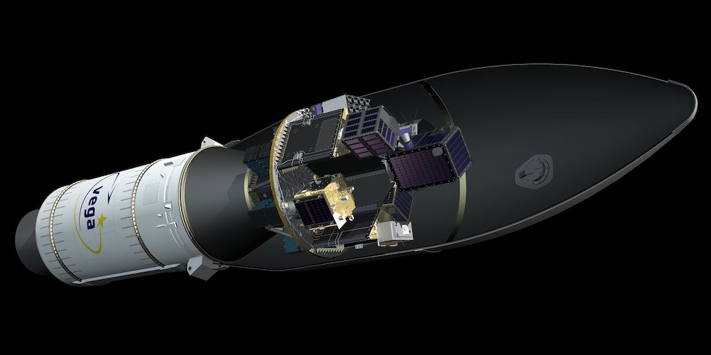 Artistieke impressie van de neuskegel van de Vega raket met daarin de 53 satellieten.