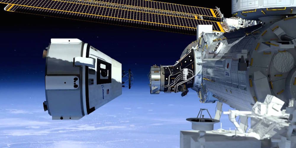 Artistieke impressie van de CST-100 die aankomt bij het ISS