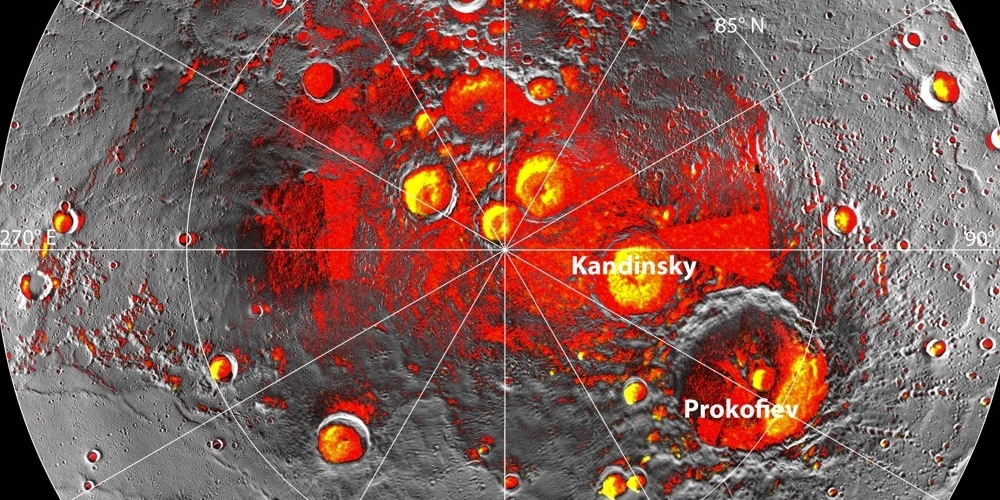 Het gebied rond de noordpool van Mercurius. De rode gebieden bevinden zich permanent in de schaduw.