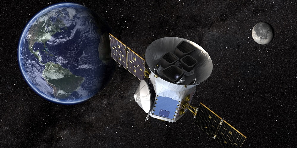 Artistieke impressie van de Transiting Exoplanet Survey Satellite (TESS) in de ruimte.