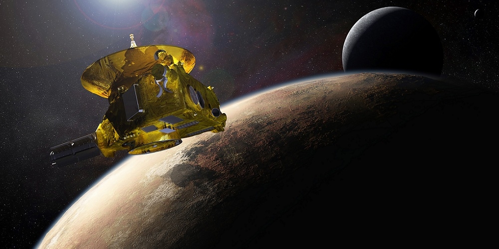 Artistieke impressie van de New Horizons ruimtesonde nabij de dwergplaneet Pluto
