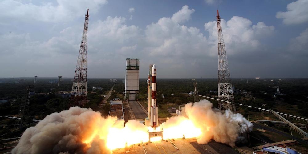 Lancering van een Indiase PSLV raket vanop het Satish Dhawan Space Centre