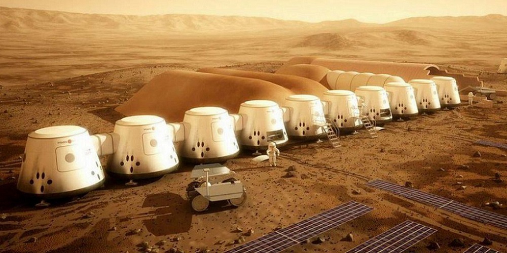 Artistieke impressie van een Mars One kolonie op de planeet Mars.