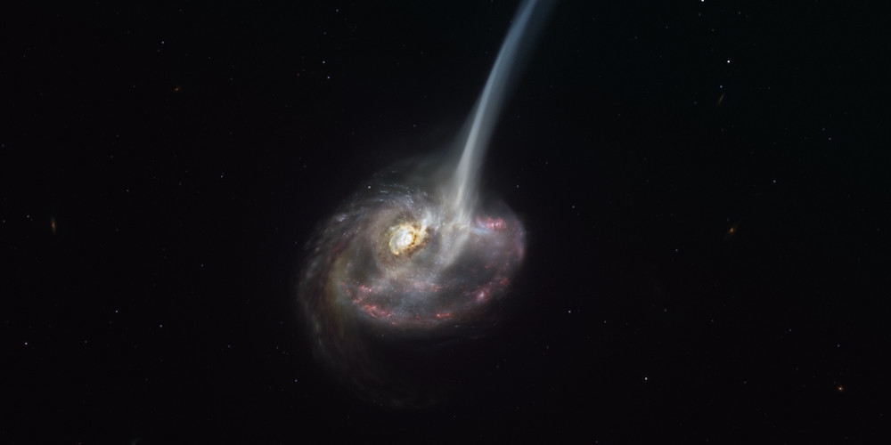 Deze artist’s impression toont het sterrenstelsel ID2299, het resultaat van een galactische botsing, en een deel van zijn gas dat wordt uitgestoten door de ‘getijdenstaart’ die het gevolg is van deze fusie. 