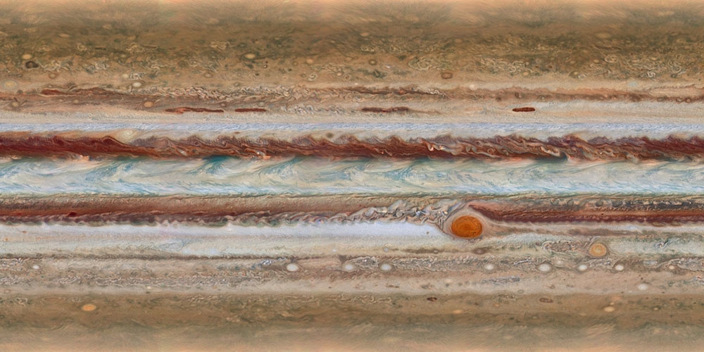 Kaart van de Jupiterdampkring gemaakt op basis van waarnemingen met de Hubble Space Telescope