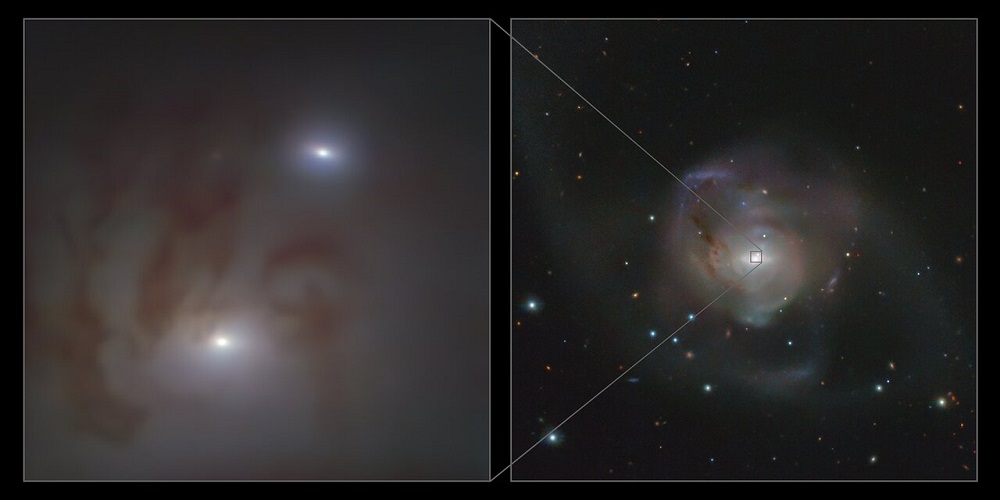 Deze afbeelding toont de twee heldere galactisch kernen in het 89 miljoen lichtjaar verre sterrenstelsel NGC 7727 in het sterrenbeeld Waterman, waarin zich een superzwaar zwart gat verschuilt. 