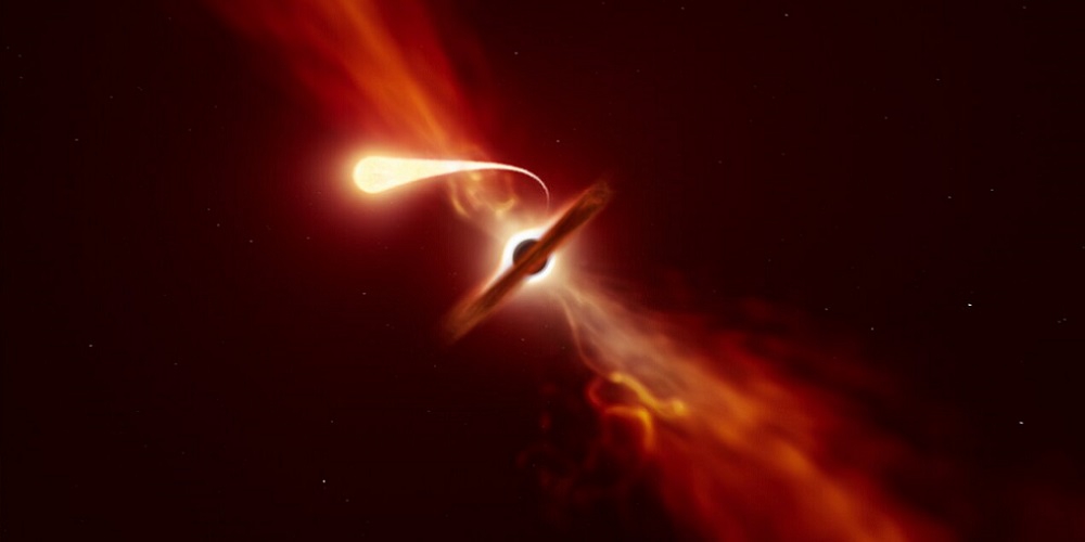 Deze illustratie laat zien hoe een ster (op de voorgrond) wordt ‘gespaghettificeerd’ wanneer deze door een superzwaar zwart gat (op de achtergrond) wordt opgezogen tijdens een ‘tidal disruption event’. 