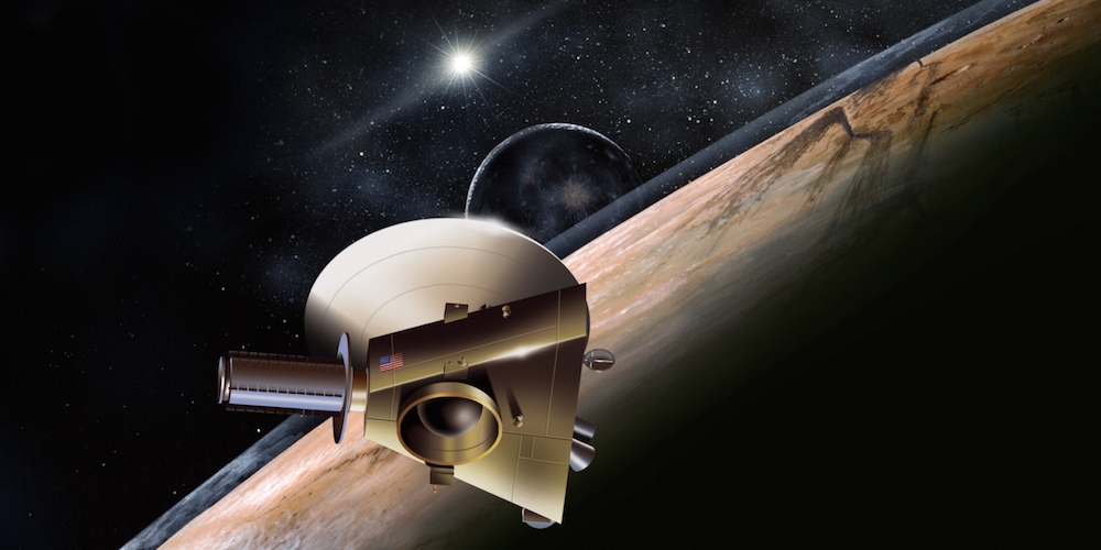Artistieke impressie van de New Horizons ruimtesonde bij de dwrgplaneet Pluto