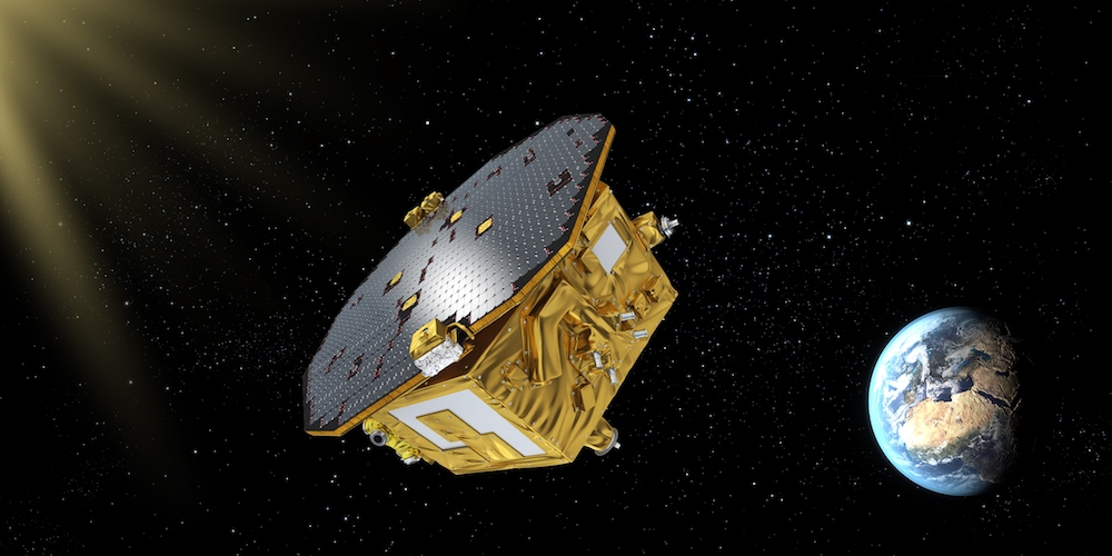 Artistieke impressie van de LISA Pathfinder satelliet in de ruimte