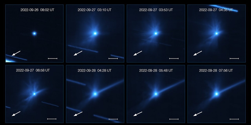 Deze serie opnamen, gemaakt met het MUSE-instrument van ESO’s Very Large Telescope, toont de ontwikkeling van de puinwolk die werd uitgestoten toen NASA-ruimtesonde DART in botsing kwam met planetoïde Dimorphos.